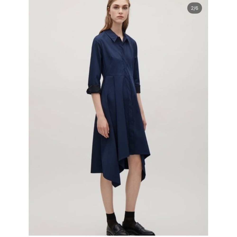 COS Shirt Dress EU 38 US 6 Blue Asymmetrical High Low Button Front Minimal